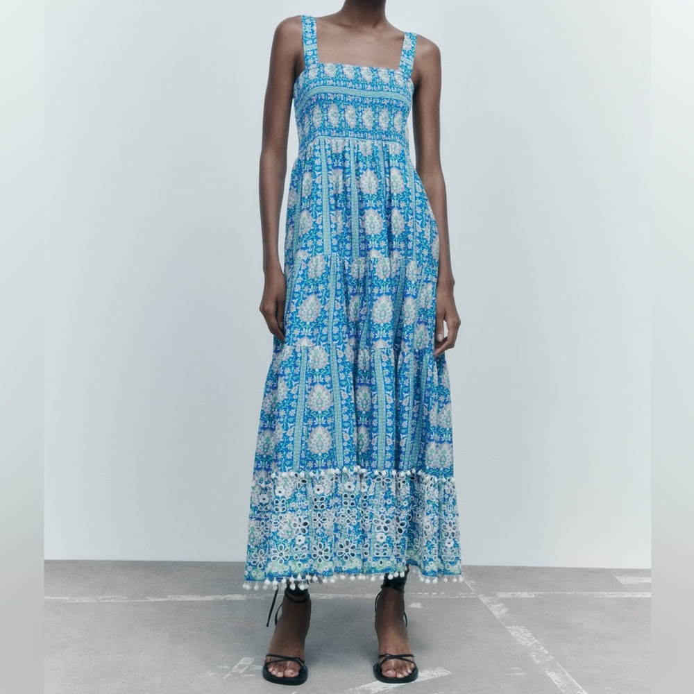 Zara Blogger Favorite Blue Multi Floral Smocked Maxi Dress Women's Medium